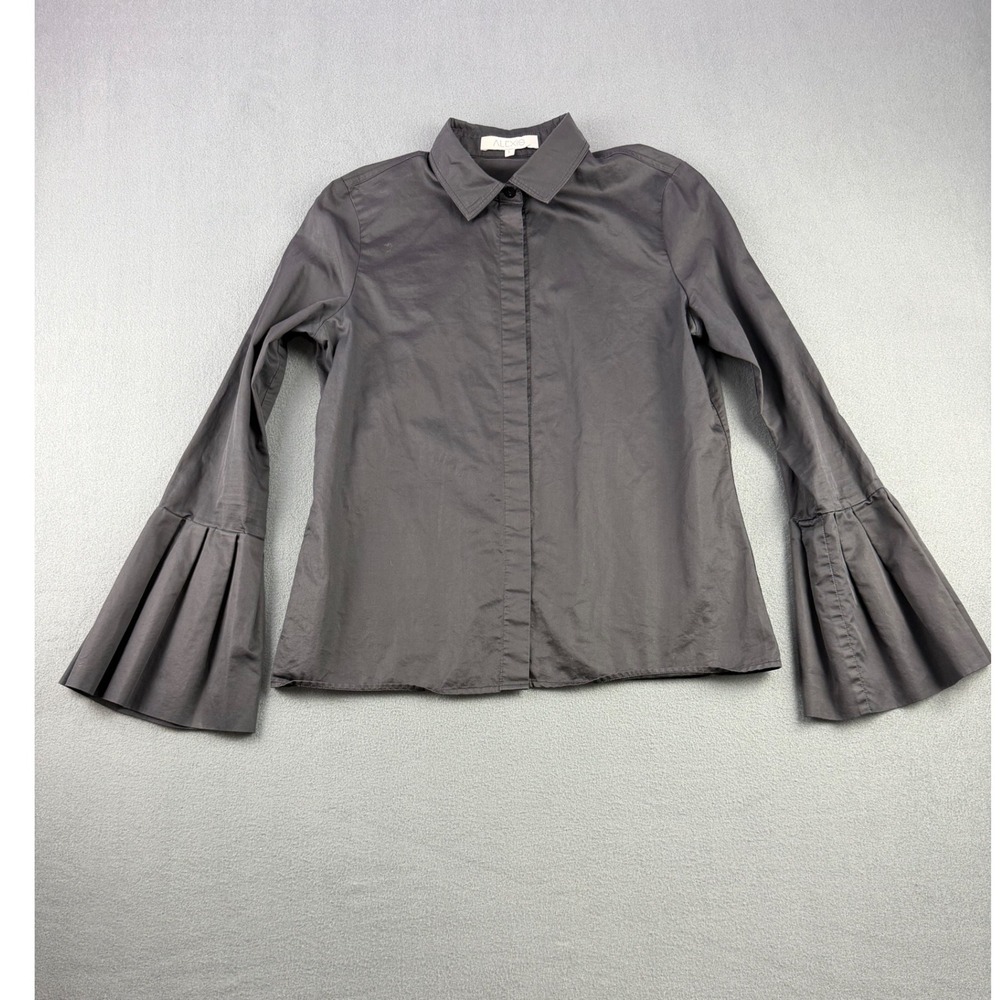 Alexis Womens Pleated Bell Sleeve Button Down Shirt Charcoal Gray Cotton Large
